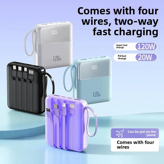 120W 20,000mAh fast-charging power bank with built-in cables - Portable USB-C charger for phones & tablets